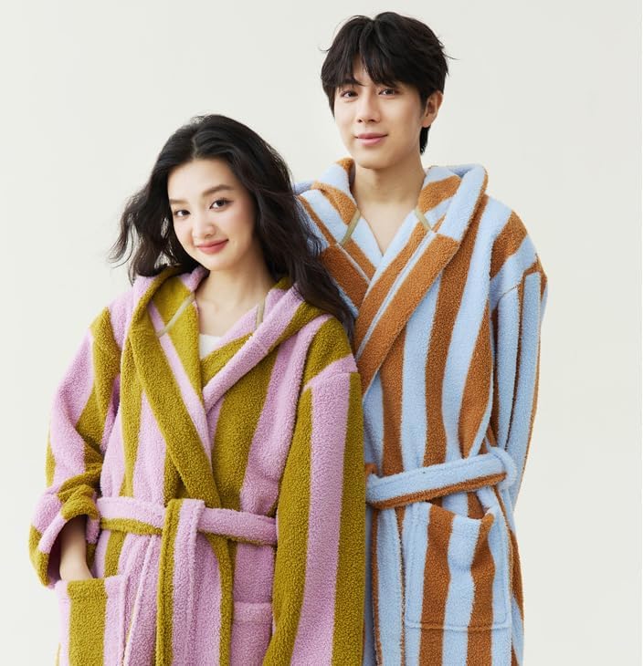 Womens Cute Striped Terry Cloth Long Robe Soft Hooded Coral Fleece Spa Bathrobe Warm Cozy Plush House Coat