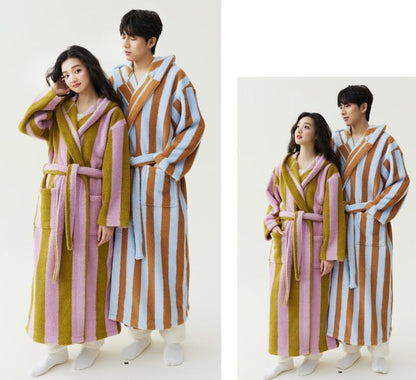 Womens Cute Striped Terry Cloth Long Robe Soft Hooded Coral Fleece Spa Bathrobe Warm Cozy Plush House Coat