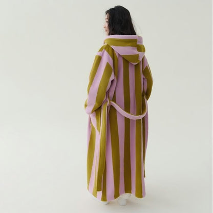 Womens Cute Striped Terry Cloth Long Robe Soft Hooded Coral Fleece Spa Bathrobe Warm Cozy Plush House Coat