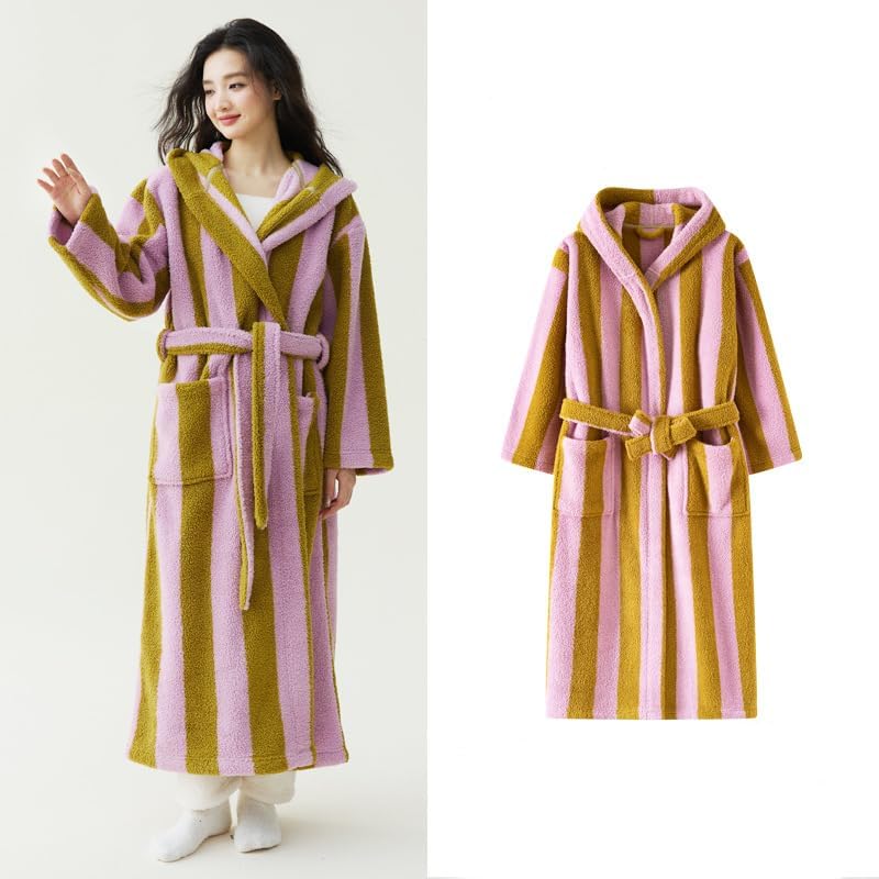 Womens Cute Striped Terry Cloth Long Robe Soft Hooded Coral Fleece Spa Bathrobe Warm Cozy Plush House Coat