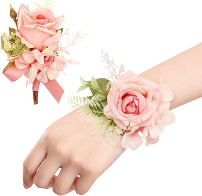 Ivory Rose Wrist Corsage and Boutonniere Set Artificial Men Corsage Wristlet Band Bracelet for White Wedding Flowers Ceremony Accessories Prom Suit Decorations (2, Pink)