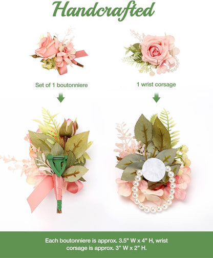 Ivory Rose Wrist Corsage and Boutonniere Set Artificial Men Corsage Wristlet Band Bracelet for White Wedding Flowers Ceremony Accessories Prom Suit Decorations (2, Pink)
