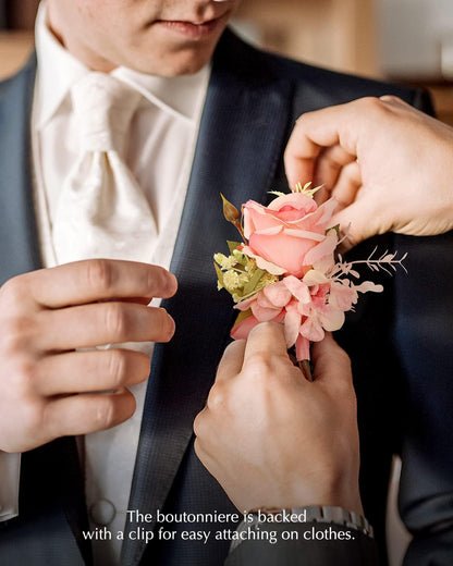 Ivory Rose Wrist Corsage and Boutonniere Set Artificial Men Corsage Wristlet Band Bracelet for White Wedding Flowers Ceremony Accessories Prom Suit Decorations (2, Pink)
