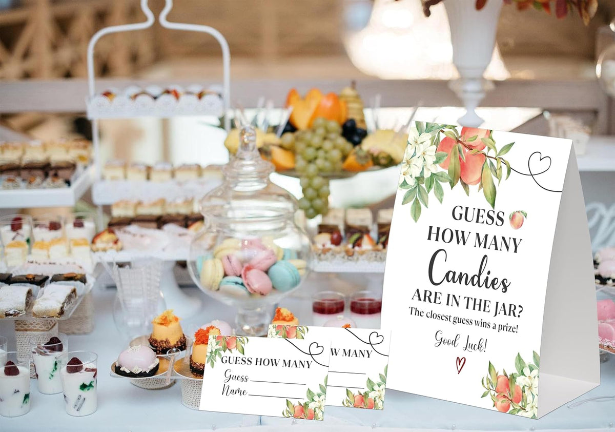 Sweet Peach Guess How Many Candies Are in the Jar Game for Baby Shower, Pack of One 5x7 Sign and 50 Guessing Cards, White Floral Peach Baby Shower Decoration, Gender Neutral Party Supplies - GC06