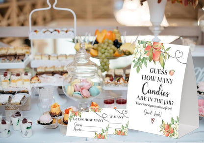 Sweet Peach Guess How Many Candies Are in the Jar Game for Baby Shower, Pack of One 5x7 Sign and 50 Guessing Cards, White Floral Peach Baby Shower Decoration, Gender Neutral Party Supplies - GC06