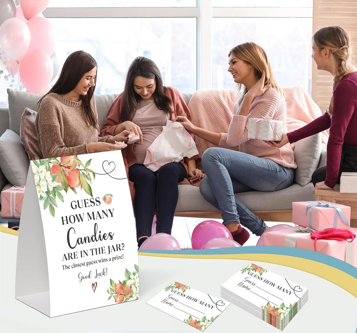 Sweet Peach Guess How Many Candies Are in the Jar Game for Baby Shower, Pack of One 5x7 Sign and 50 Guessing Cards, White Floral Peach Baby Shower Decoration, Gender Neutral Party Supplies - GC06