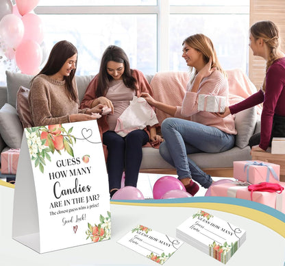 Sweet Peach Guess How Many Candies Are in the Jar Game for Baby Shower, Pack of One 5x7 Sign and 50 Guessing Cards, White Floral Peach Baby Shower Decoration, Gender Neutral Party Supplies - GC06