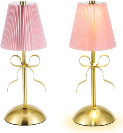 2 Pack Small Gold Bow Table Lamp 12 Inch for Girl's Bedroom Cute Coquette Bow Table Lamp with Fabric Shade Modern Decorative Bedside Light Small Princess Desk Lighting Boho Living Room (Pink)