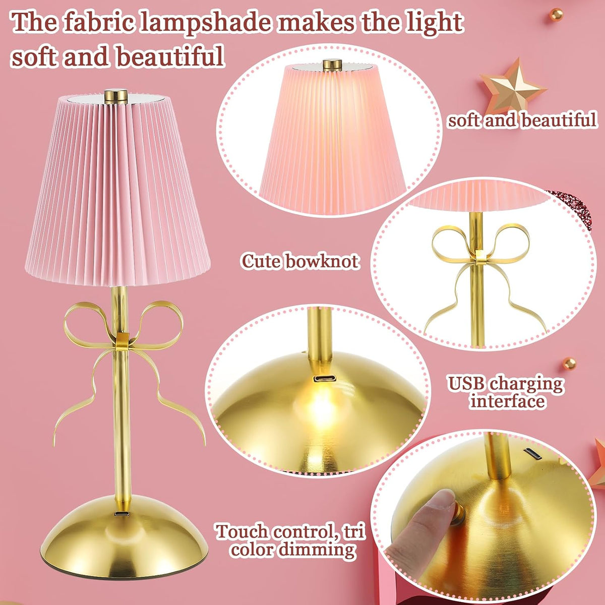 2 Pack Small Gold Bow Table Lamp 12 Inch for Girl's Bedroom Cute Coquette Bow Table Lamp with Fabric Shade Modern Decorative Bedside Light Small Princess Desk Lighting Boho Living Room (Pink)