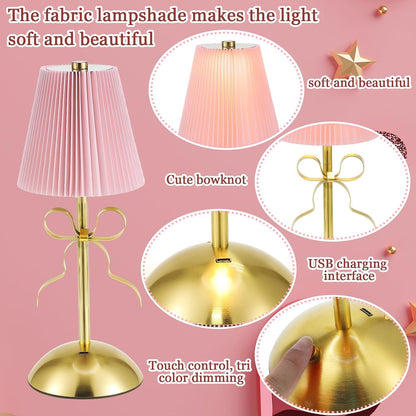 2 Pack Small Gold Bow Table Lamp 12 Inch for Girl's Bedroom Cute Coquette Bow Table Lamp with Fabric Shade Modern Decorative Bedside Light Small Princess Desk Lighting Boho Living Room (Pink)
