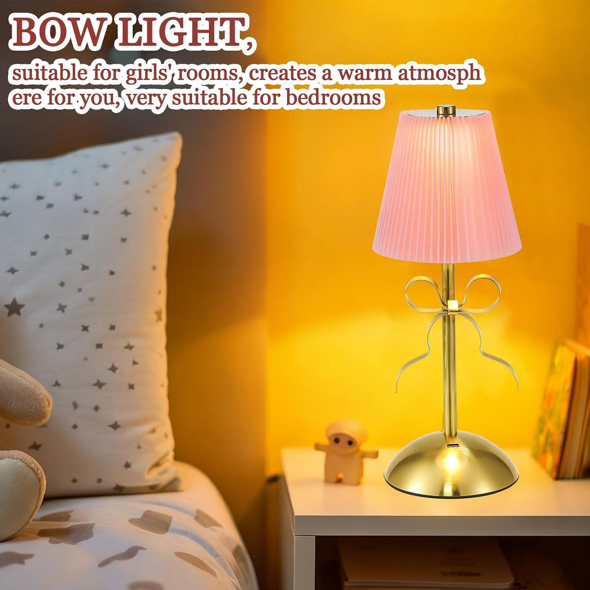2 Pack Small Gold Bow Table Lamp 12 Inch for Girl's Bedroom Cute Coquette Bow Table Lamp with Fabric Shade Modern Decorative Bedside Light Small Princess Desk Lighting Boho Living Room (Pink)