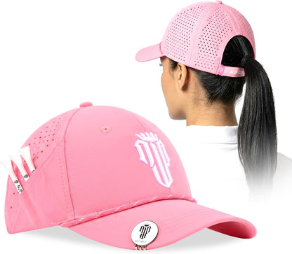 Hat for Women, Breathable Golfing Cap with Tee Holder & Magnetic Ball Marker, Adjustable Ponytail Golf Hats