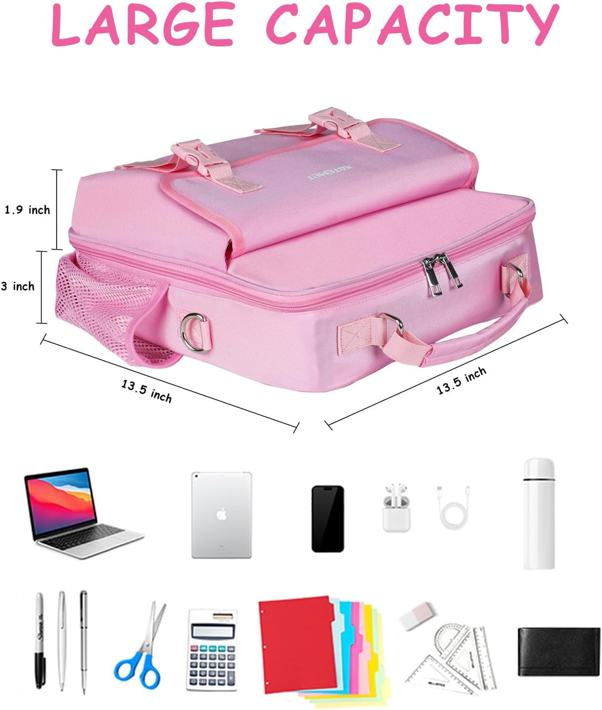 3 Ring Zipper Binder 500-Sheet Zipper Binder Adjustable Shoulder Strap & Handle for 14 Inch Laptop for School and Office (pink)