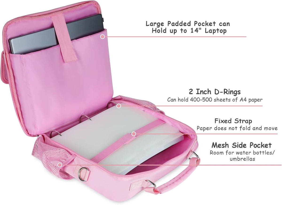 3 Ring Zipper Binder 500-Sheet Zipper Binder Adjustable Shoulder Strap & Handle for 14 Inch Laptop for School and Office (pink)