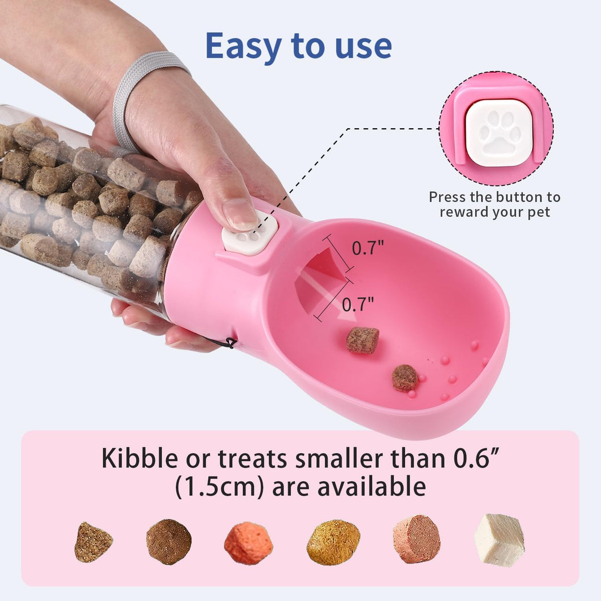 Handheld Dog Treat Dispenser Built-in Clicker & Treat Pouch, Hand Feeder for Puppy Training Walking Hiking Traveling (6.7 OZ, Pink)