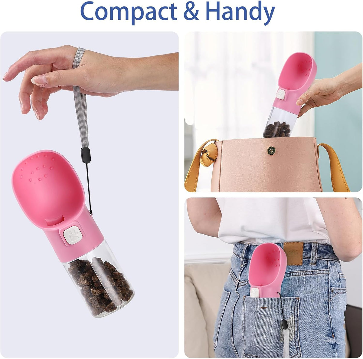 Handheld Dog Treat Dispenser Built-in Clicker & Treat Pouch, Hand Feeder for Puppy Training Walking Hiking Traveling (6.7 OZ, Pink)