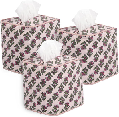 3Pcs Pink Flower Cotton Tissue Box Cover Hand Block Printed 5" x 5" x 5.5" Square Soft Reusable Floral Napkin Holder for Home Kitchen Dining Bathroom Office Cafe (Pink)