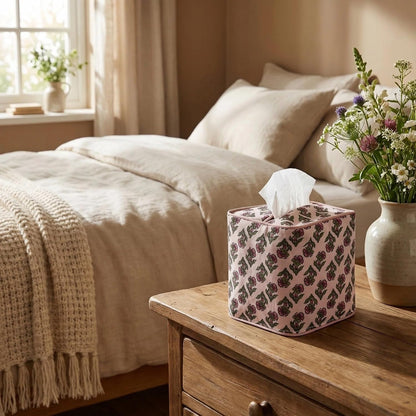 3Pcs Pink Flower Cotton Tissue Box Cover Hand Block Printed 5" x 5" x 5.5" Square Soft Reusable Floral Napkin Holder for Home Kitchen Dining Bathroom Office Cafe (Pink)