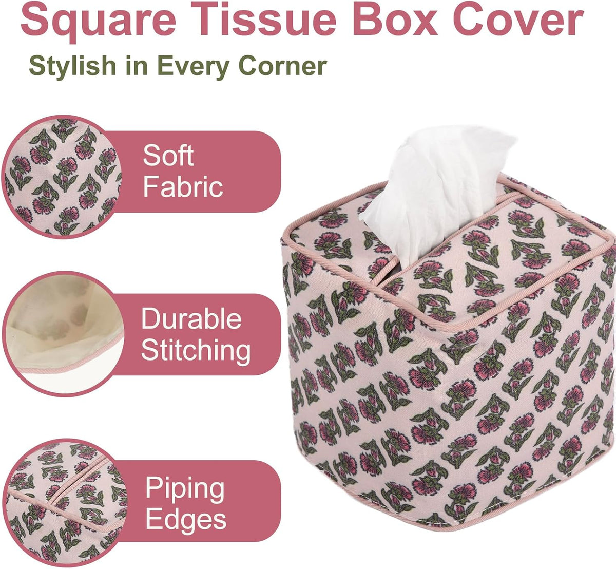 3Pcs Pink Flower Cotton Tissue Box Cover Hand Block Printed 5" x 5" x 5.5" Square Soft Reusable Floral Napkin Holder for Home Kitchen Dining Bathroom Office Cafe (Pink)