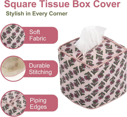 3Pcs Pink Flower Cotton Tissue Box Cover Hand Block Printed 5" x 5" x 5.5" Square Soft Reusable Floral Napkin Holder for Home Kitchen Dining Bathroom Office Cafe (Pink)