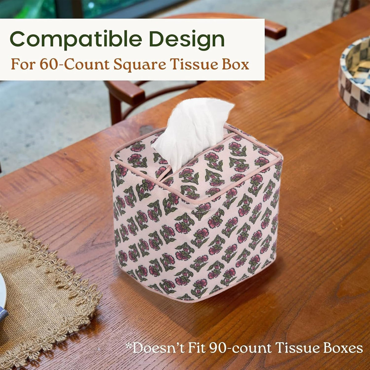 3Pcs Pink Flower Cotton Tissue Box Cover Hand Block Printed 5" x 5" x 5.5" Square Soft Reusable Floral Napkin Holder for Home Kitchen Dining Bathroom Office Cafe (Pink)