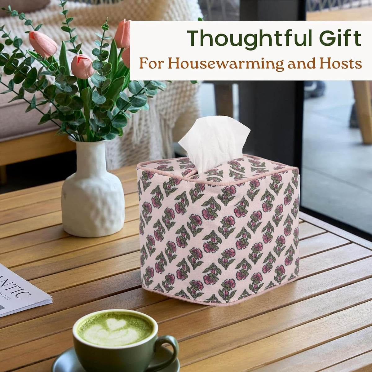 3Pcs Pink Flower Cotton Tissue Box Cover Hand Block Printed 5" x 5" x 5.5" Square Soft Reusable Floral Napkin Holder for Home Kitchen Dining Bathroom Office Cafe (Pink)