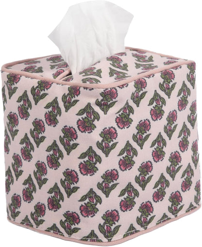 3Pcs Pink Flower Cotton Tissue Box Cover Hand Block Printed 5" x 5" x 5.5" Square Soft Reusable Floral Napkin Holder for Home Kitchen Dining Bathroom Office Cafe (Pink)
