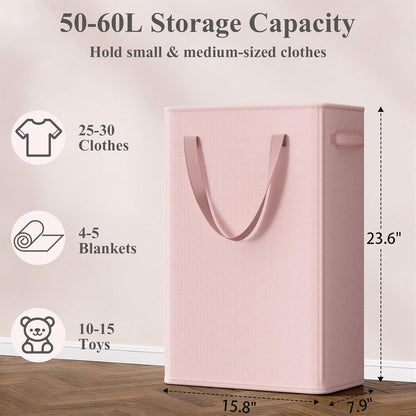 50L Pink Slim Laundry Hamper, Narrow Laundry Basket with Handles, Baby Girl Hamper for Nursery, Dorm, Bedroom, Living Room, Collapsible Laundry Basket