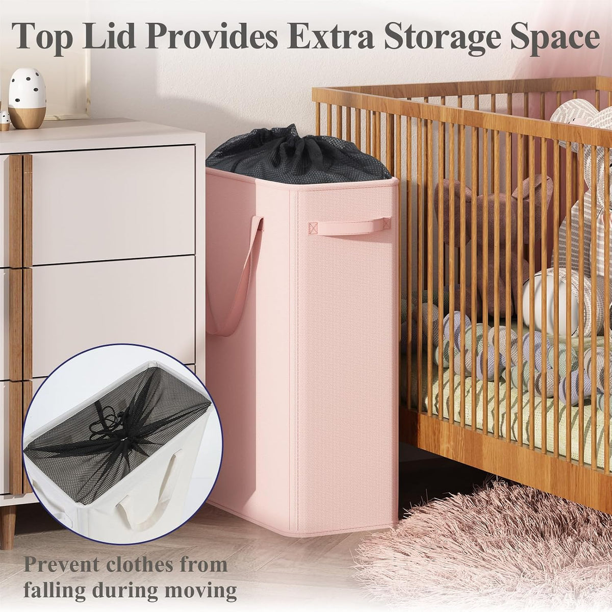 50L Pink Slim Laundry Hamper, Narrow Laundry Basket with Handles, Baby Girl Hamper for Nursery, Dorm, Bedroom, Living Room, Collapsible Laundry Basket