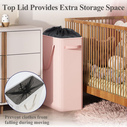 50L Pink Slim Laundry Hamper, Narrow Laundry Basket with Handles, Baby Girl Hamper for Nursery, Dorm, Bedroom, Living Room, Collapsible Laundry Basket