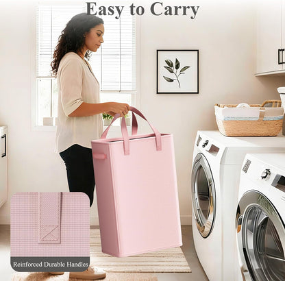 50L Pink Slim Laundry Hamper, Narrow Laundry Basket with Handles, Baby Girl Hamper for Nursery, Dorm, Bedroom, Living Room, Collapsible Laundry Basket