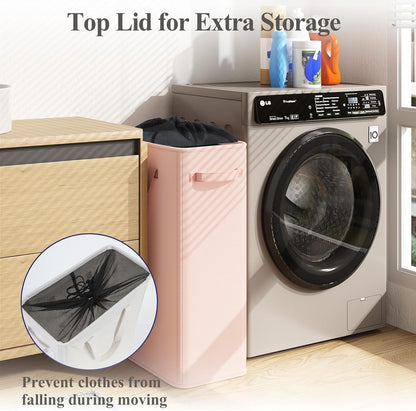 50L Pink Slim Laundry Hamper, Narrow Laundry Basket with Handles, Baby Girl Hamper for Nursery, Dorm, Bedroom, Living Room, Collapsible Laundry Basket