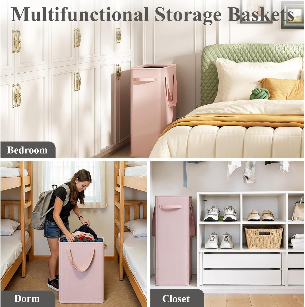 50L Pink Slim Laundry Hamper, Narrow Laundry Basket with Handles, Baby Girl Hamper for Nursery, Dorm, Bedroom, Living Room, Collapsible Laundry Basket