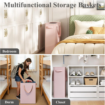 50L Pink Slim Laundry Hamper, Narrow Laundry Basket with Handles, Baby Girl Hamper for Nursery, Dorm, Bedroom, Living Room, Collapsible Laundry Basket