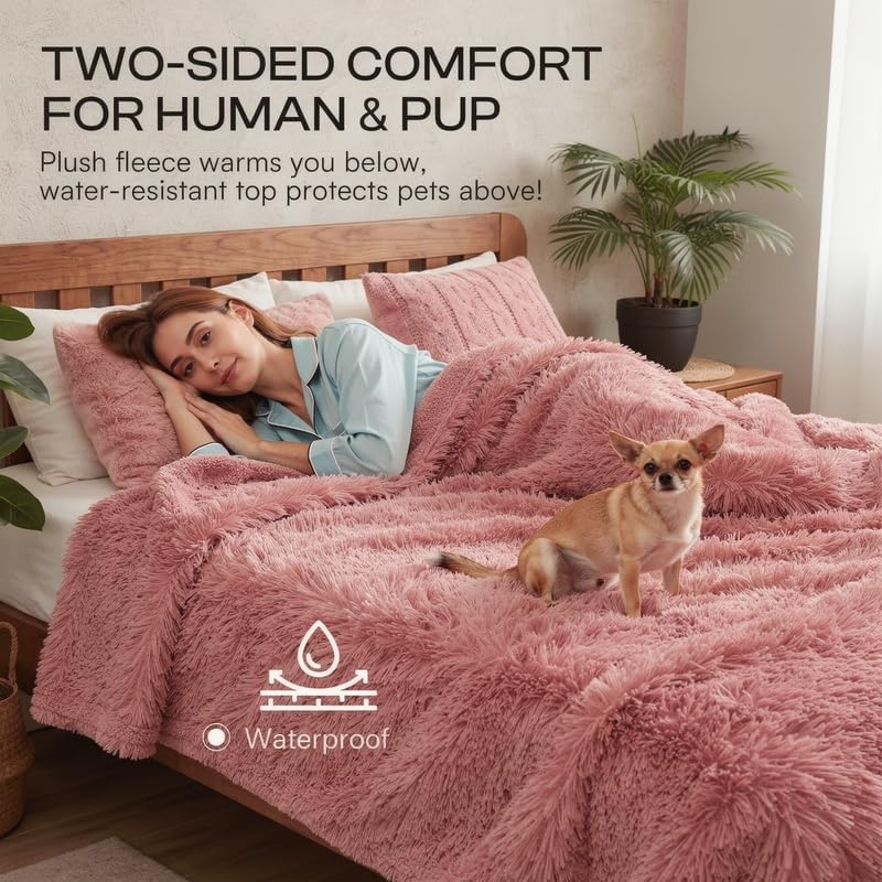 Pink Fluffy Long Faux Fur Pet Throw Blankets for Dogs Waterproof Pet Blanket for Puppy Cats Couch Protector Mat Love Bed Cover Washable(Pink,S)