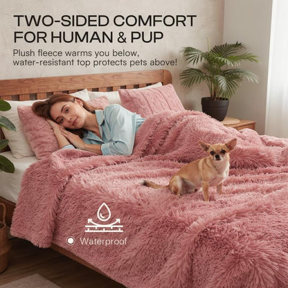 Pink Fluffy Long Faux Fur Pet Throw Blankets for Dogs Waterproof Pet Blanket for Puppy Cats Couch Protector Mat Love Bed Cover Washable(Pink,S)