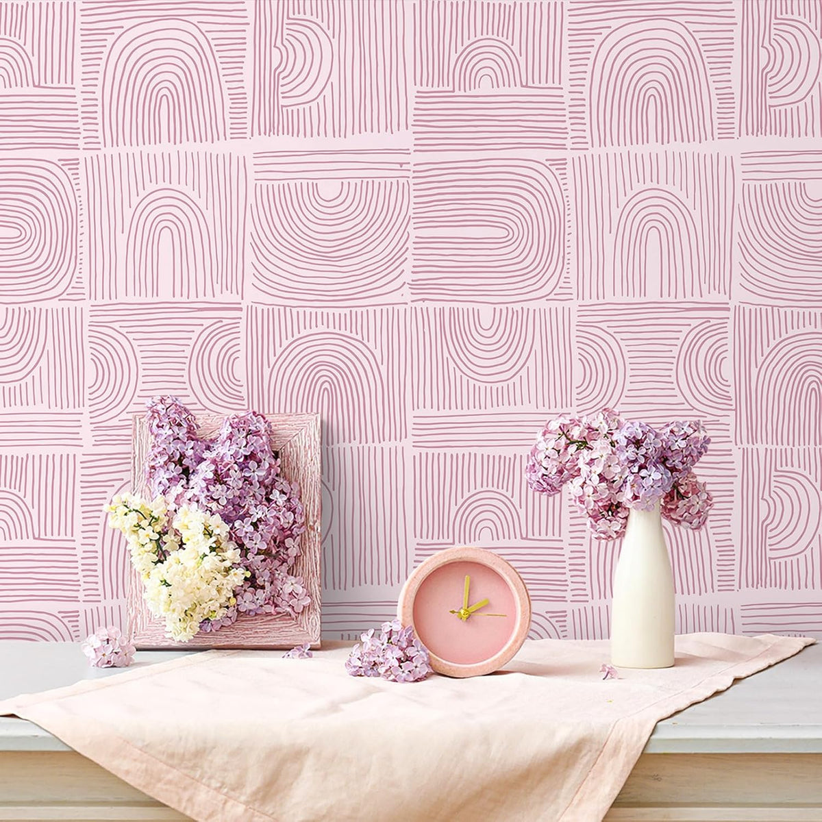 Pink Geometric Peel and Stick Wallpaper Boho Geometric Wallpaper for Bathroom Bedroom 17.7''x118'' Abstract Art Deco Wallpaper Removable Prepasted Pink Contact Paper for Cabinets Drawers