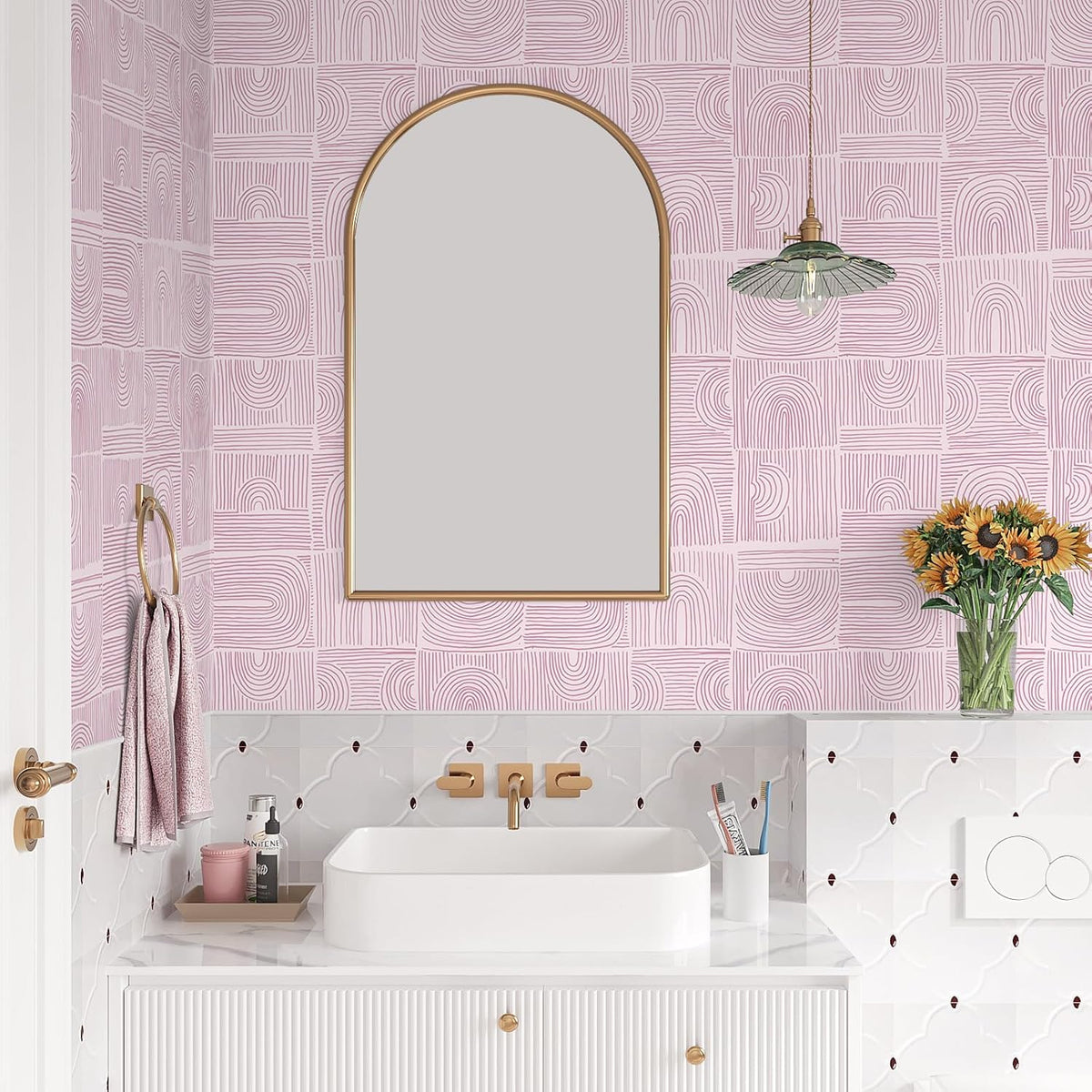 Pink Geometric Peel and Stick Wallpaper Boho Geometric Wallpaper for Bathroom Bedroom 17.7''x118'' Abstract Art Deco Wallpaper Removable Prepasted Pink Contact Paper for Cabinets Drawers