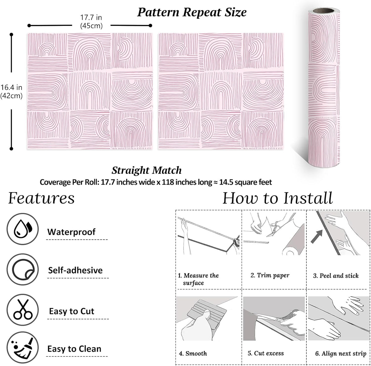 Pink Geometric Peel and Stick Wallpaper Boho Geometric Wallpaper for Bathroom Bedroom 17.7''x118'' Abstract Art Deco Wallpaper Removable Prepasted Pink Contact Paper for Cabinets Drawers