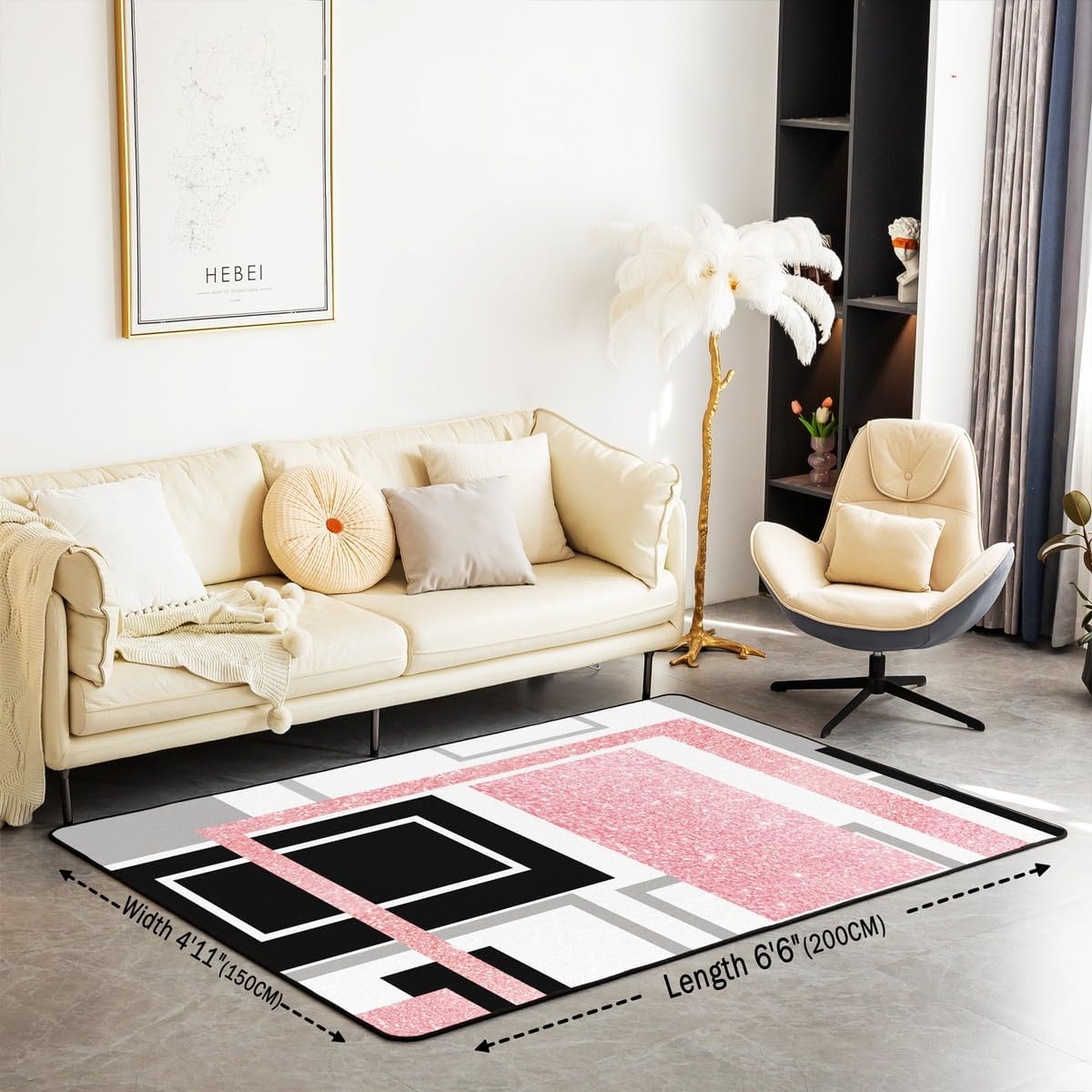 Peach Geometric Area Rug 3x5 Kids, Abstract Modern Living Room Rugs for Bedroom for Boys Girls, Decor Carpet Microfiber,Lightweight (No Glitter)