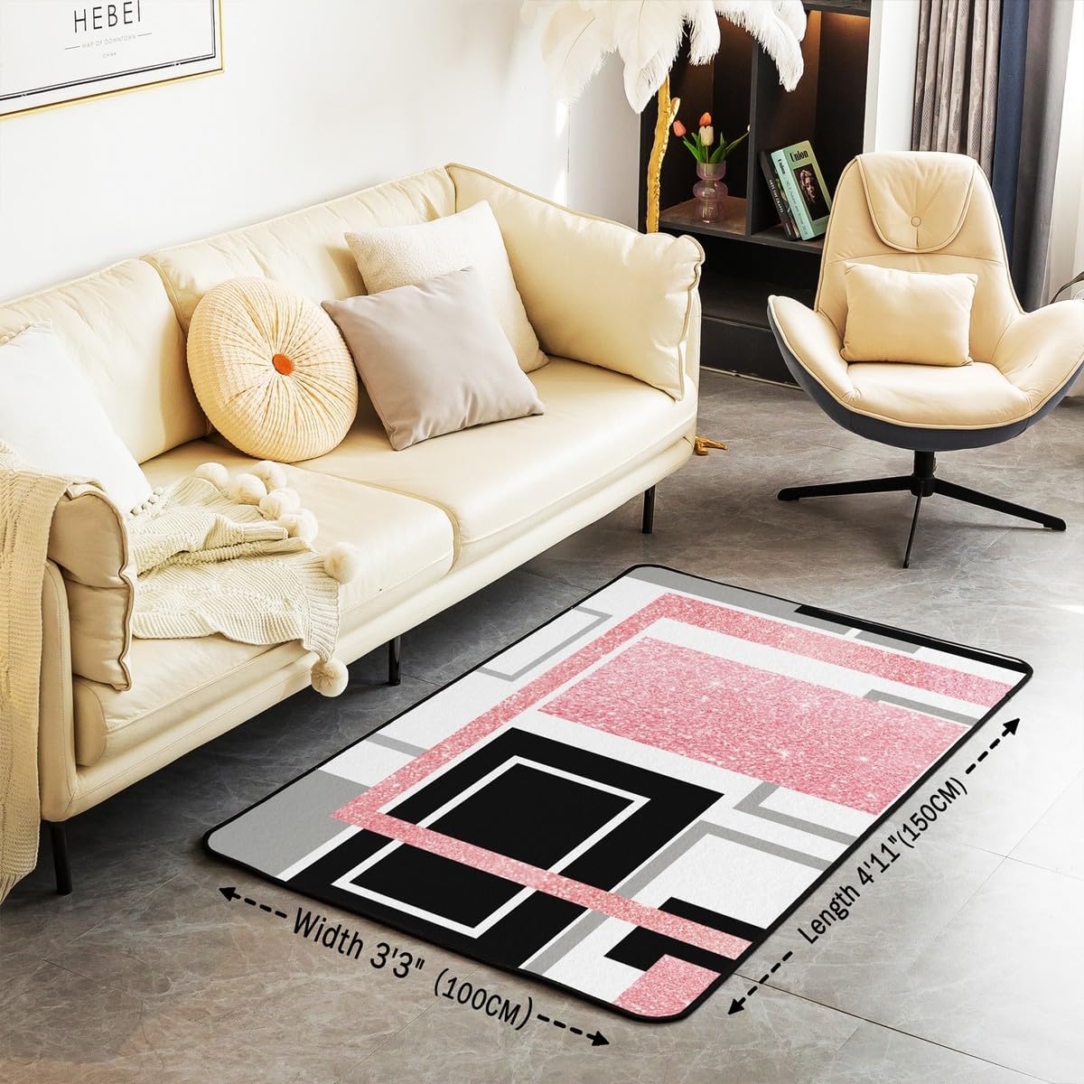 Peach Geometric Area Rug 3x5 Kids, Abstract Modern Living Room Rugs for Bedroom for Boys Girls, Decor Carpet Microfiber,Lightweight (No Glitter)