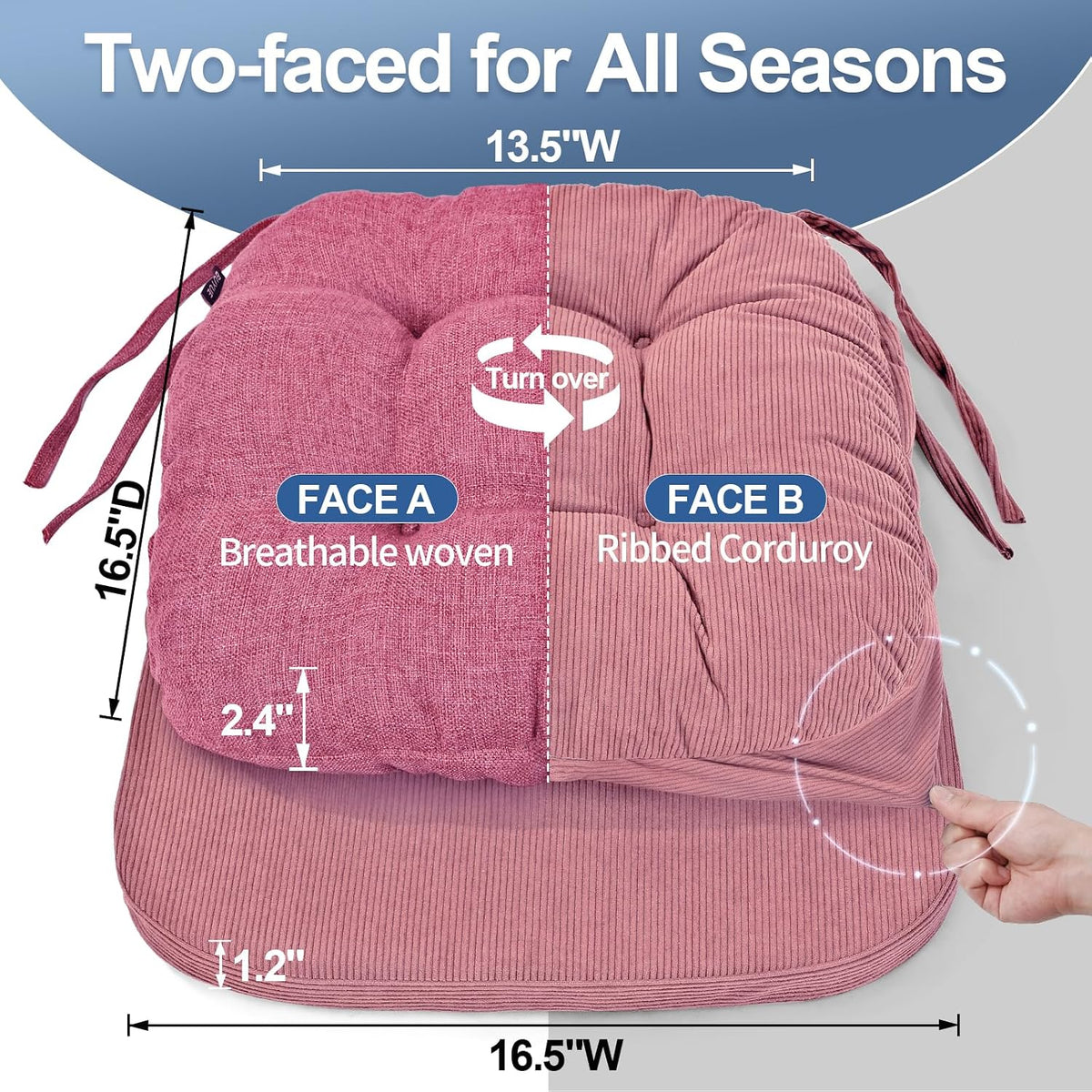 Double-Layer Thickened Chair Cushion for Dining Chair, Natural Latex Foam Support, 2-Faced Reversible Kitchen Seat Cushion, Practical Non-Slip Chair Pad, 1 PC, Pink