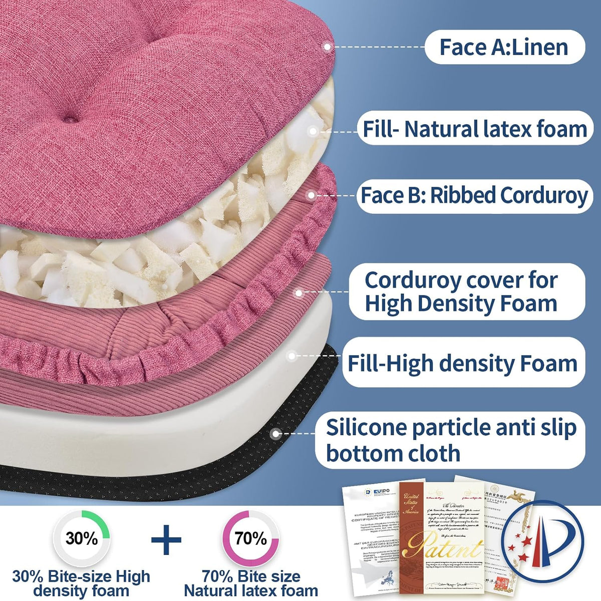 Double-Layer Thickened Chair Cushion for Dining Chair, Natural Latex Foam Support, 2-Faced Reversible Kitchen Seat Cushion, Practical Non-Slip Chair Pad, 1 PC, Pink