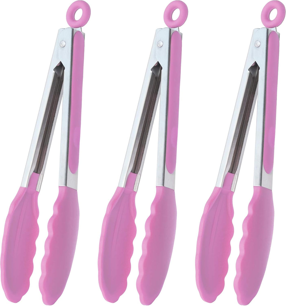 Serving Tongs with Silicone Tips 9-Inch Food Tongs, Set of 3 (Pink)