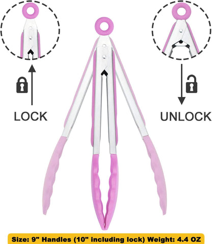 Serving Tongs with Silicone Tips 9-Inch Food Tongs, Set of 3 (Pink)