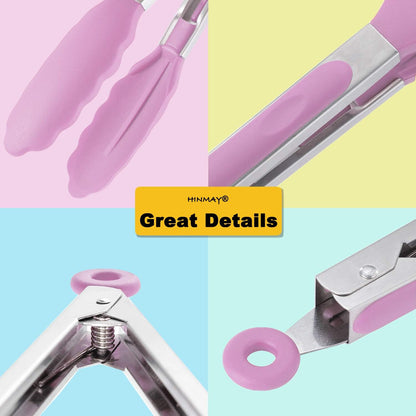 Serving Tongs with Silicone Tips 9-Inch Food Tongs, Set of 3 (Pink)