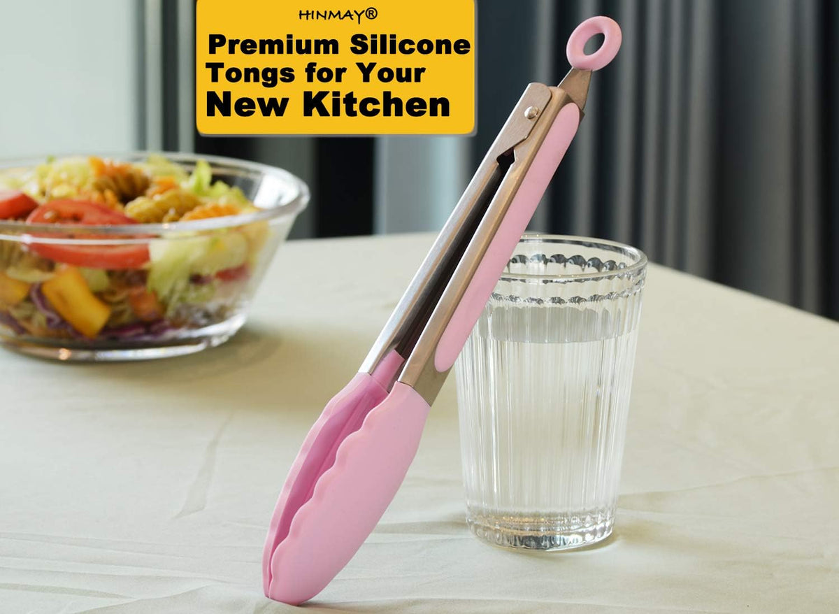 Serving Tongs with Silicone Tips 9-Inch Food Tongs, Set of 3 (Pink)
