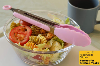 Serving Tongs with Silicone Tips 9-Inch Food Tongs, Set of 3 (Pink)