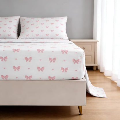 Pink Bow Sheet Set Full Size Heart Fitted Sheet Set for Girls Kids Soft Microfiber Fitted Flat Sheets & Pillowcases - Princess Style Bowknot Stripes Bedding Sets 4 Pieces Cute Sweet Bed Set