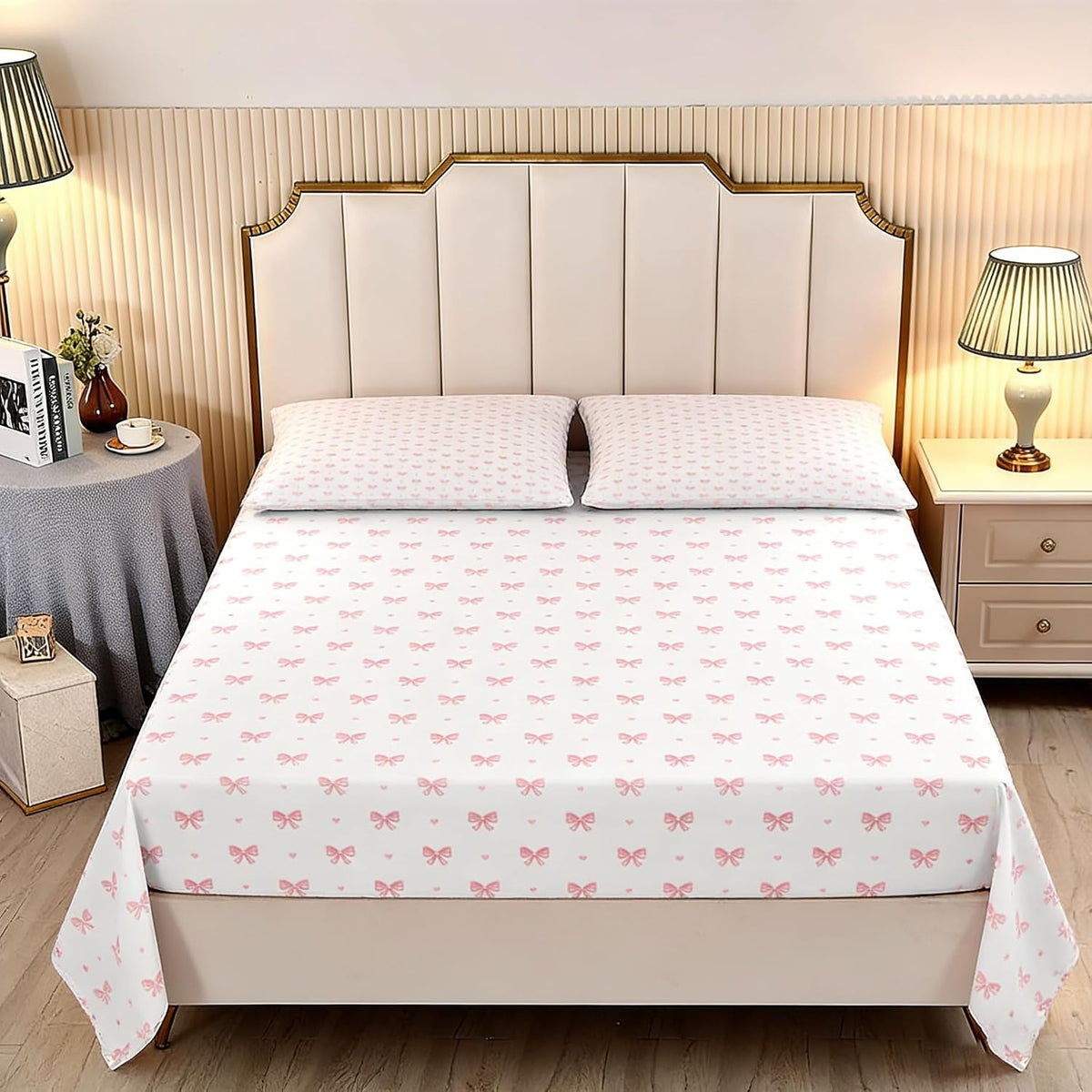 Pink Bow Sheet Set Full Size Heart Fitted Sheet Set for Girls Kids Soft Microfiber Fitted Flat Sheets & Pillowcases - Princess Style Bowknot Stripes Bedding Sets 4 Pieces Cute Sweet Bed Set